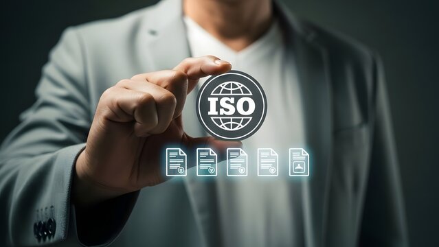 Businessman displays an iso certification icon above digital document icons, symbolizing quality management standards.