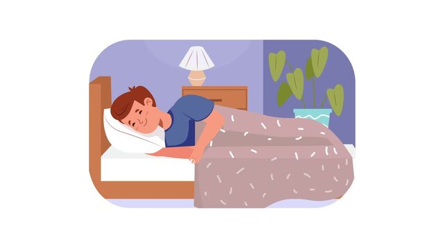 Sleeping boy in cozy bedroom animation with lamp and houseplant
