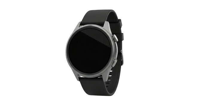 A sleek smartwatch with a black band and silver face on transparent background
