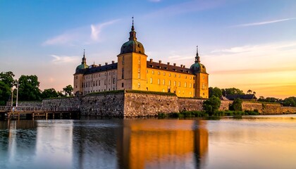 Fototapeta premium Historic castle on serene lake shore.