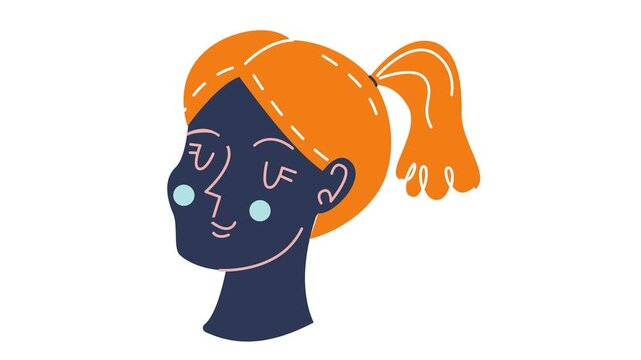 Cute girl face with orange ponytail flat vector animation on white