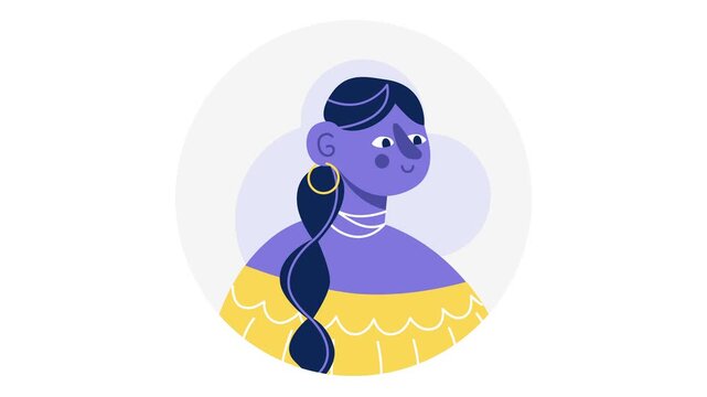 Stylized animated portrait of woman with braid and abstract circle background