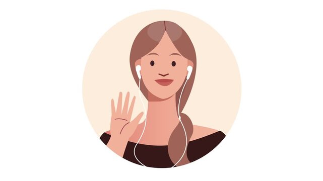 Animated woman with earbuds waving in circular avatar illustration