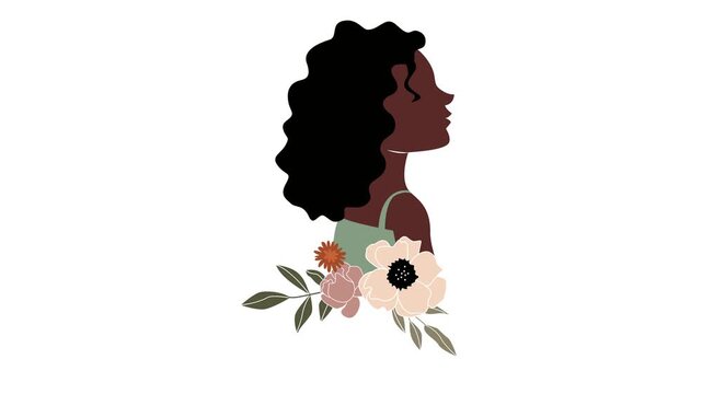 Animated black woman profile with floral accents on white background