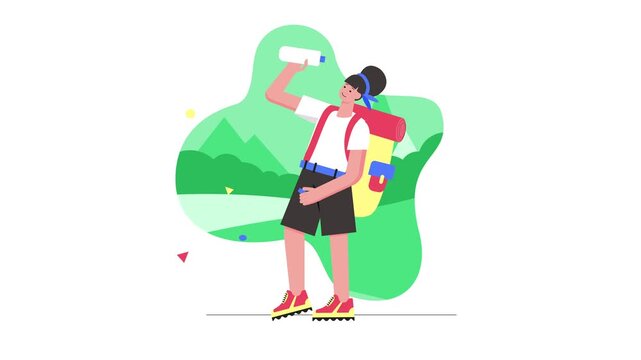 Animated female hiker drinking water on mountain trail, flat vector illustration