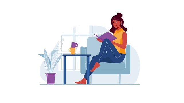 Animated woman reading a book on sofa in cozy living room with coffee