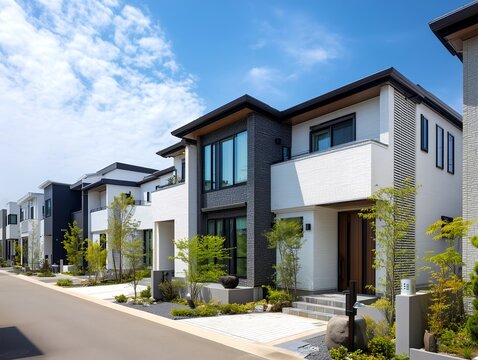 青空の下にモダンな外観の戸建て住宅が立ち並ぶ新築分譲住宅地の美しい街並みの風景