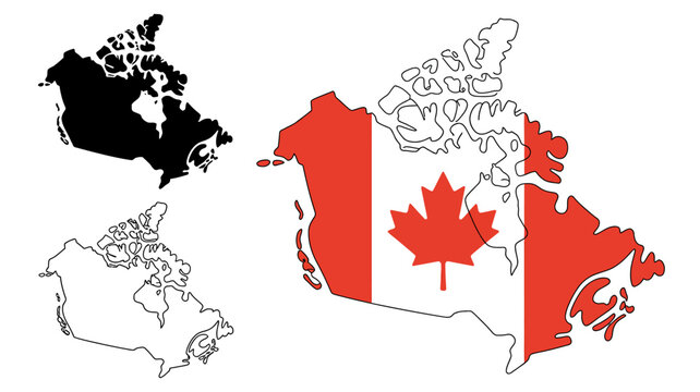 A graphic depicts three representations of canada including a solid black outline a colored map and a white outline high quality professional detailed modern elegant stylish