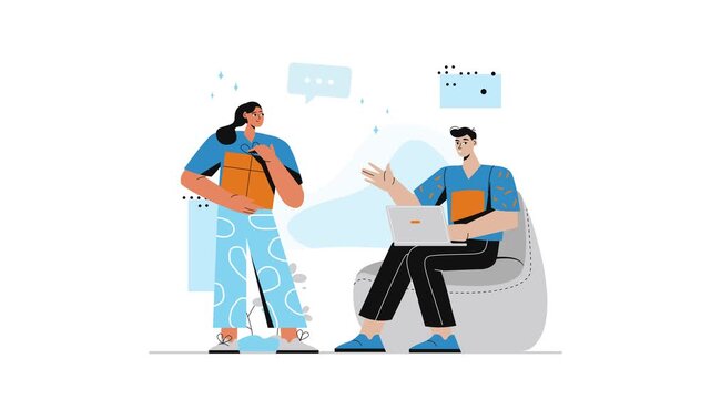 Two people chatting online with laptop and gift box in flat illustration