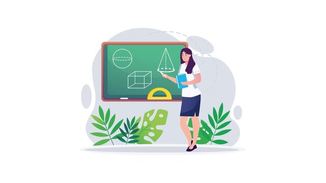 Animated female teacher teaching geometry on classroom blackboard