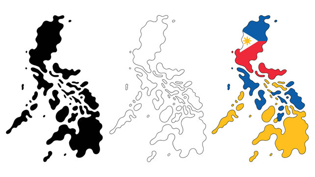 This image displays three representations of the philippine archipelago a solid black silhouette a white outline and a colored map high quality professional detailed modern elegant