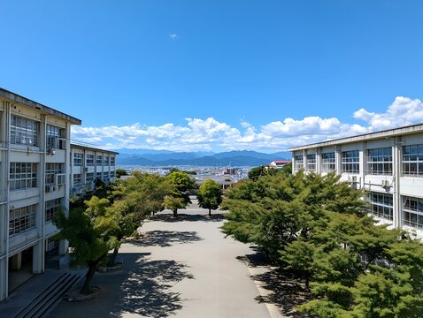 青空が広がる校庭の木々と校舎の奥に街並みと山々が連なる日本の学校の風景を捉えた写真