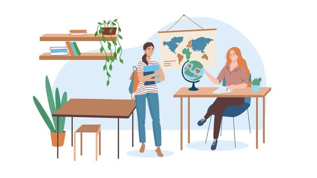 Geography classroom animation with teacher, student and world map