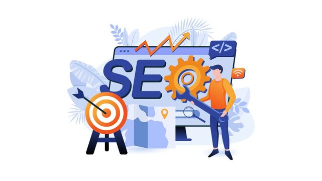 SEO optimization animation with marketer, target and analytics dashboard