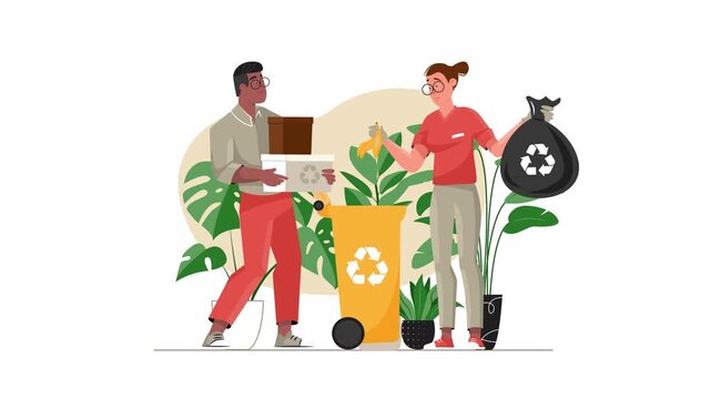 Diverse people sorting recyclables into bins in eco flat vector animation