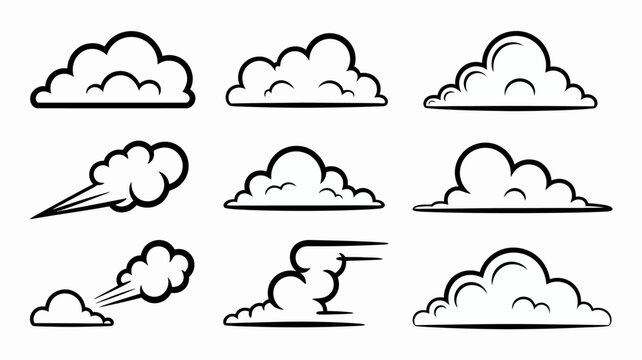 A collection of nine black and white cartoon clouds in various shapes and sizes representing weather and atmospheric conditions high quality professional detailed modern elegant stylish