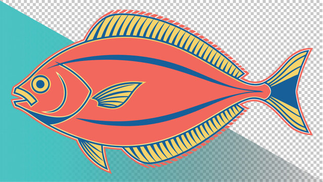Coral orange fish graphic with blue stripes and yellow fins on with graphic design with hand drawn with line art with transparent background with isolated on white with no background