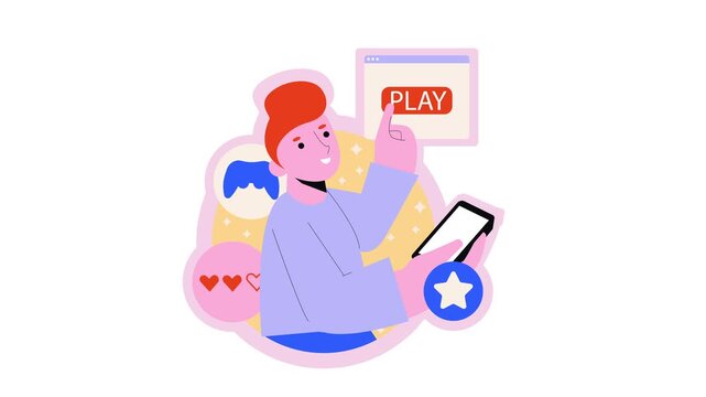 Flat animation of person tapping play button on smartphone and browser