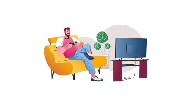 Animated man gaming on sofa while watching TV in modern living room