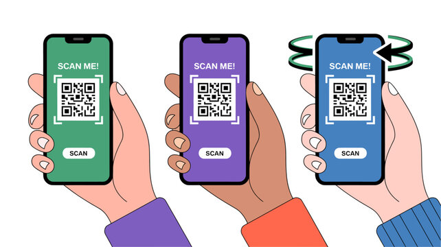 Three hands each hold a smartphone displaying a qr code and a scan me message showcasing different skin tones and backgrounds high quality professional detailed modern