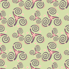 Fototapeta premium Neolithic triple spiral celtic triskele geometric sign repeating pattern. Three legs triskele loop sacred geometry. Wiccan joining spirals mysterious motif. Viking symbol ornament.