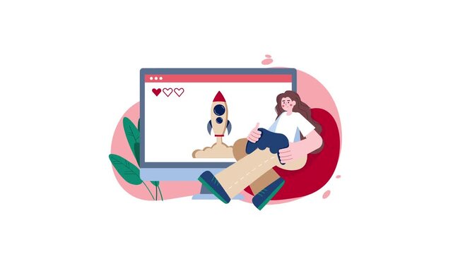 Animated gamer girl streaming rocket launch on computer with social media icons