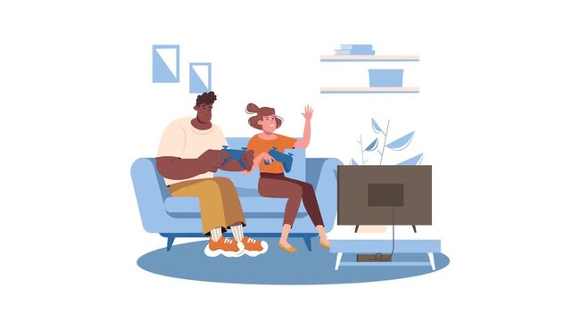 Young couple playing video games on sofa in cozy living room flat animation