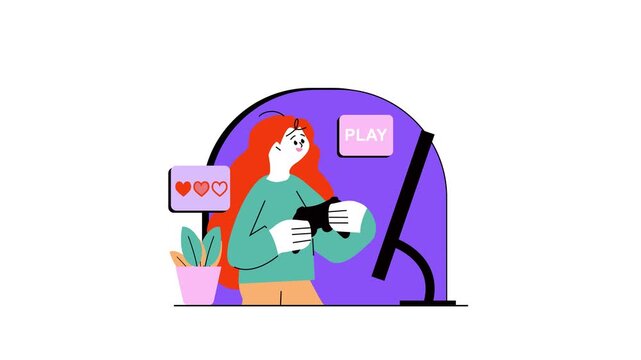 Animated woman gaming with social media icons and target interface
