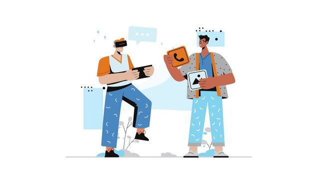 Animated two young men using virtual reality and mobile apps in flat style