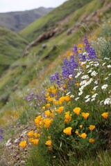 Obraz premium Vibrant wildflowers bloom in scenic mountain landscape
