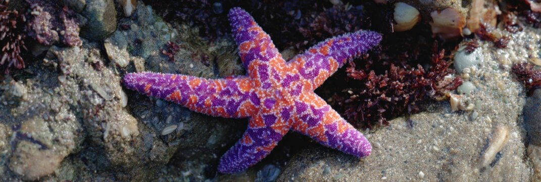 Vibrant purple and orange starfish on rocky shoreline