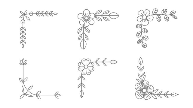 A collection of delicate hand drawn floral corner designs featuring simple blossoms and leafy branches in black and white high quality professional detailed modern elegant stylish