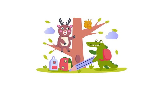 Cute animated forest animals with backpacks and pencil by tree