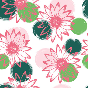 Dimorphotheca beautiful summer seamless rapport. Osteospermum blossom over circles background. Doodle garden flowers scrapbooking swatch. Girlie natural rapport.