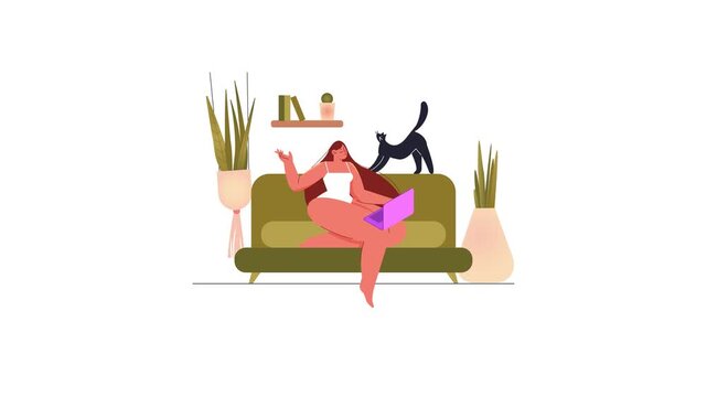 Woman relaxing on sofa with laptop and cat in cozy living room animation