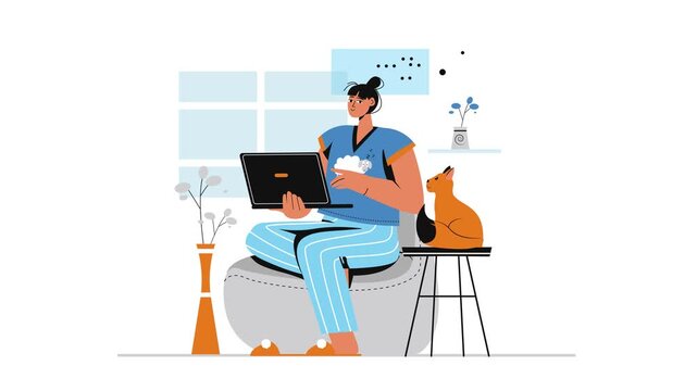 Woman working on laptop in cozy home office with cat, vector animation