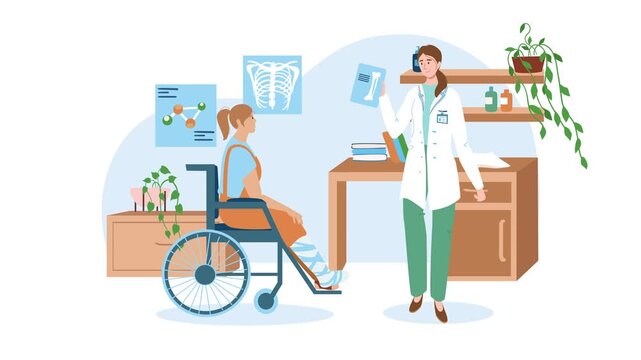 Female doctor assisting wheelchair patient in rehabilitation clinic