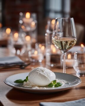 A fresh burrata appetizer is elegantly plated with olive oil and basil leaves on a ceramic dish, paired with a glass of white wine in a warmly lit restaurant setting.