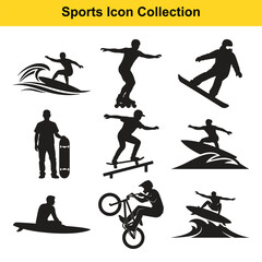 Obraz premium Collection of black silhouettes depicting various extreme sports and leisure activities like surfing, skateboarding, rollerblading, snowboarding, kayaking, and BMX biking.