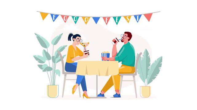 Food festival couple sharing snacks and drinks at outdoor table, animation