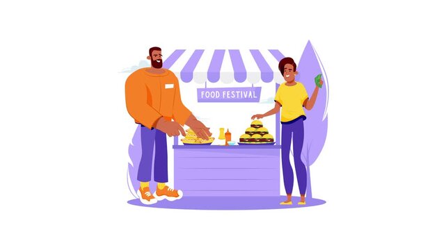 Animated food festival stall with two vendors serving street food