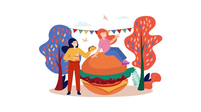 Animated two women enjoying a picnic with giant burger in autumn park