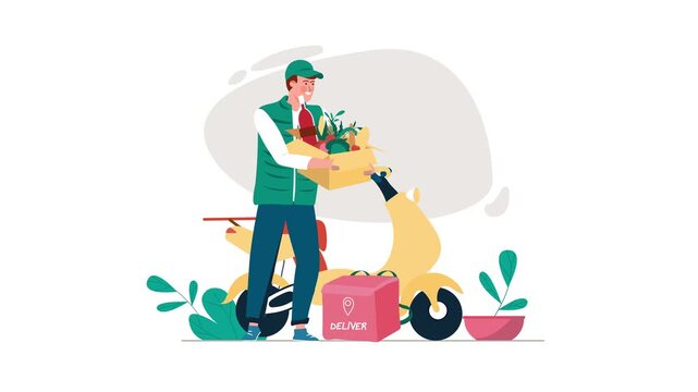 Animated grocery delivery courier carrying food box on scooter route