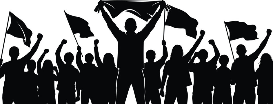 Protesters in silhouette holding flags a powerful crowd scene with raised arms and banners demonstrating unity and solidarity in black and white