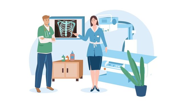 Animated doctors discussing chest X-ray in modern radiology clinic