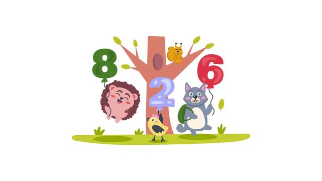 Animated forest counting scene with cartoon animals and colorful numbers
