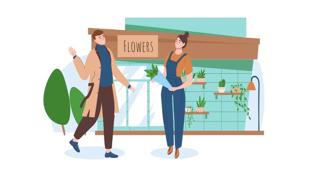 Animated flower shop owners outside storefront with potted plants