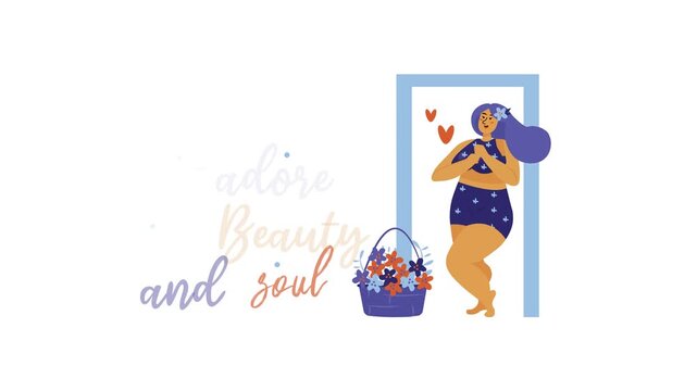 Animated self-love poster with woman and floral inspirational quote