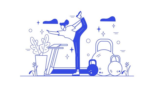 Animated woman stretching beside treadmill and kettlebells in gym
