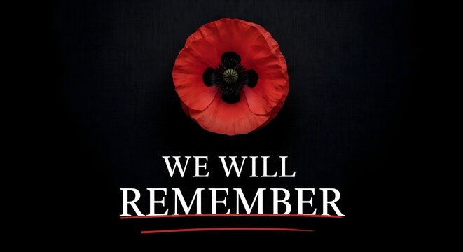 A remembrance day tribute with a poppy and slogan